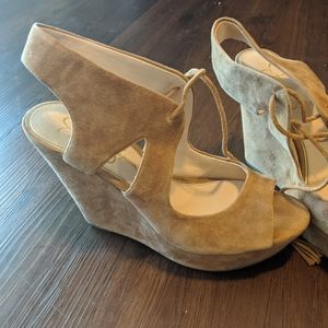 - Beige suede wedges